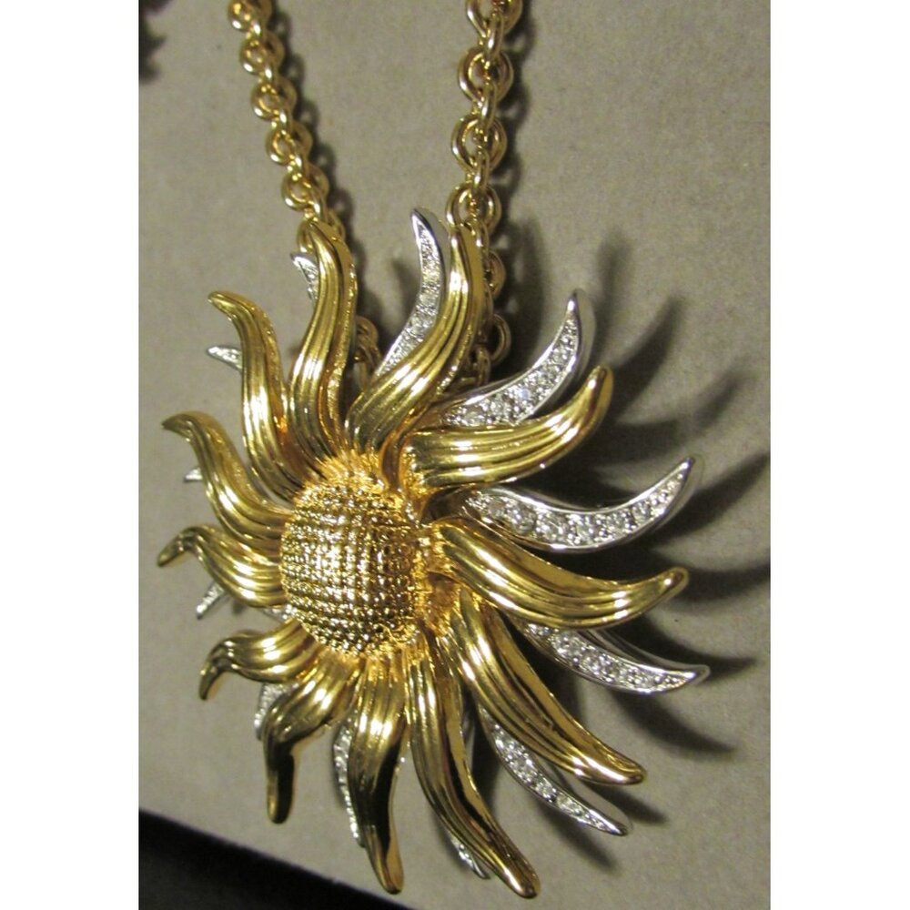 KJL  Necklace & Earrings Set Spinning Pendant Gold Silver Sunflower Rhinestones